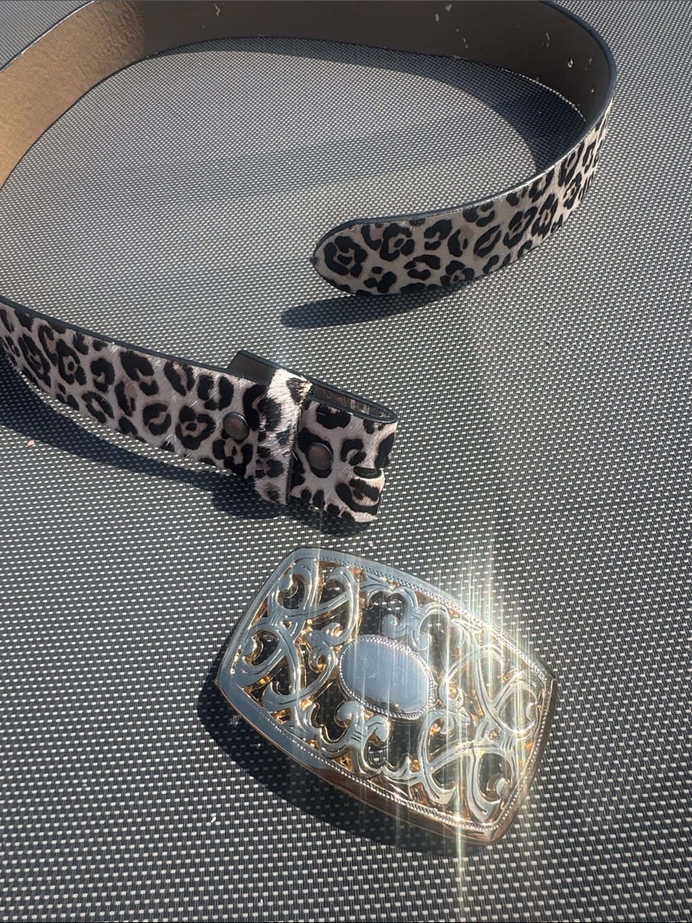 Leopard Print Belt with Ornate Gold Buckle